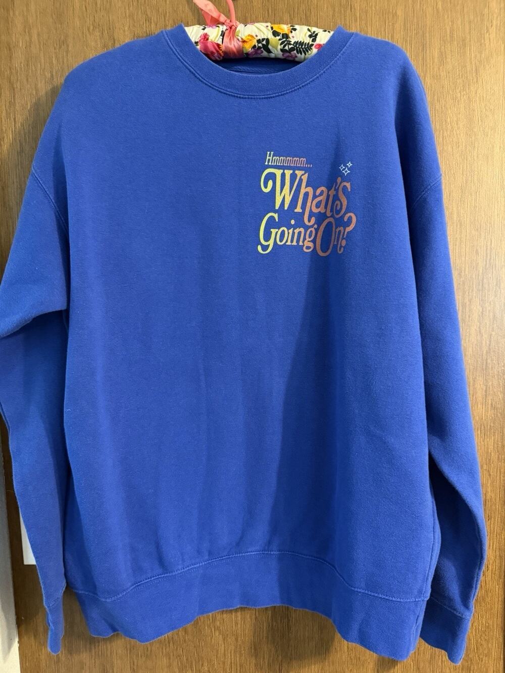 What's Going On crewneck sweatshirt influencer Beth Anne Brice sz Large blue